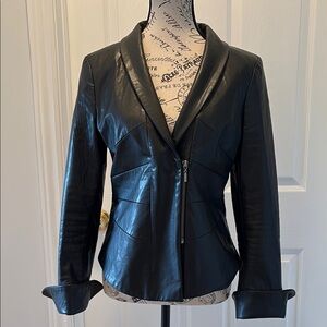Joseph Ribkoff Black Pleather Jacket with Structured Shoulders.